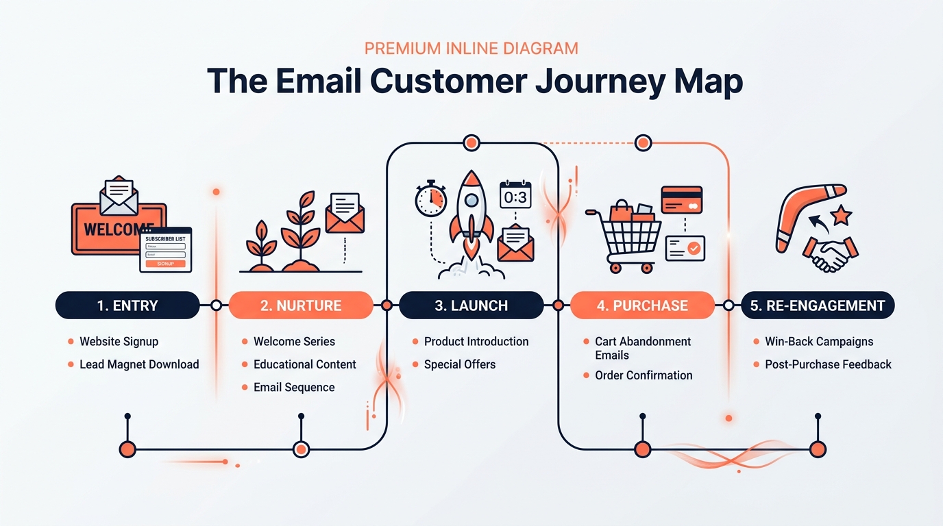 The Email Customer Journey Map: Entry, Nurture, Launch, Purchase, Re-engagement