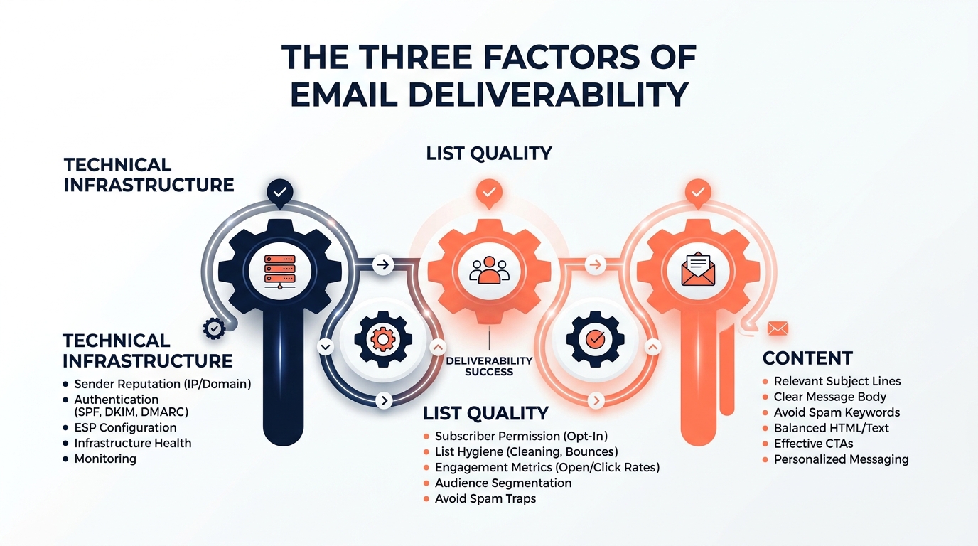 The three factors of email deliverability: Technical Infrastructure, List Quality, and Content